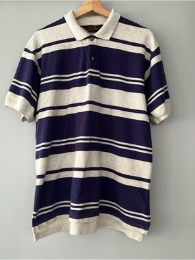 VTG Eddie Bauer Polo Purple/Off-White Striped Shirt Men’s Large 90's 100% Cotton